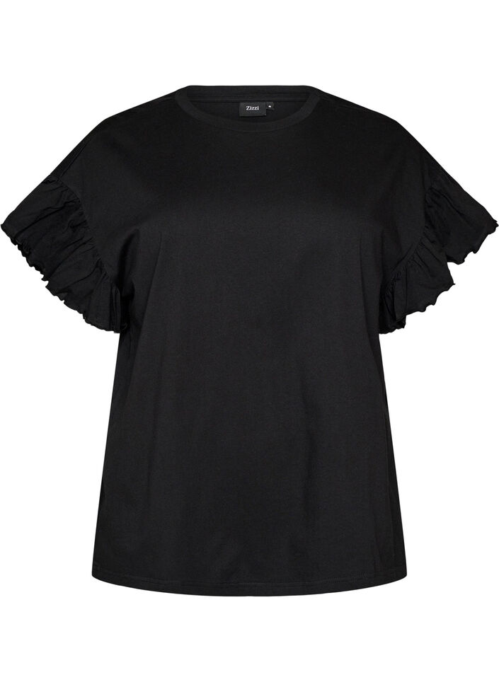 T-Shirt aus Bio-Baumwolle mit R&uuml;schen&auml;rmeln, Schwarz, Packshot image number 0