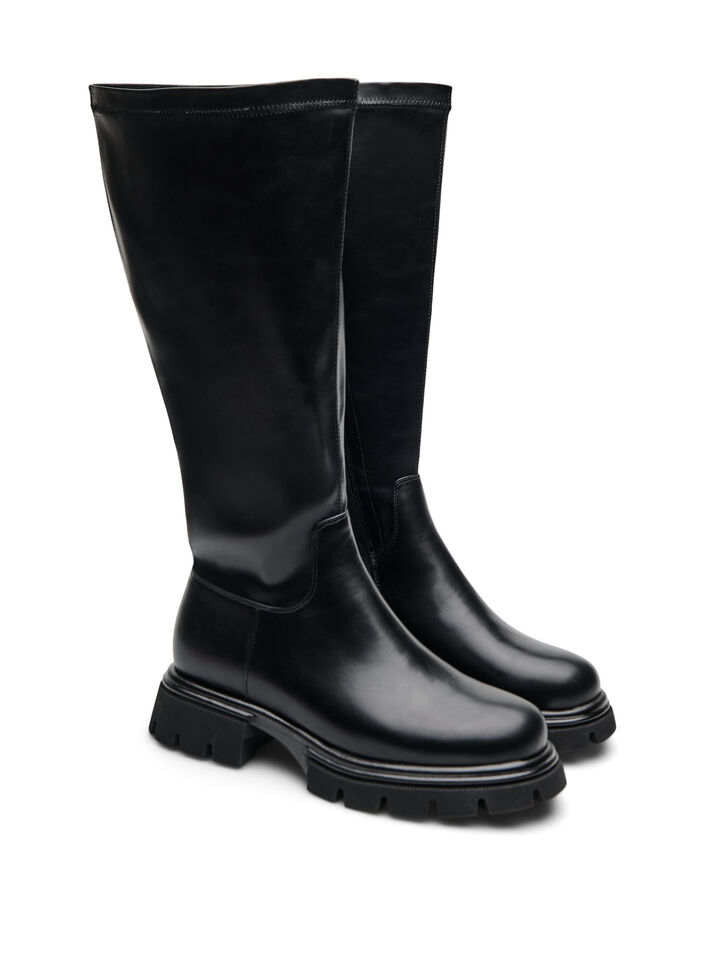 Langer Stiefel aus Kunstleder mit klobiger Sohle, Schwarz, Packshot image number 1
