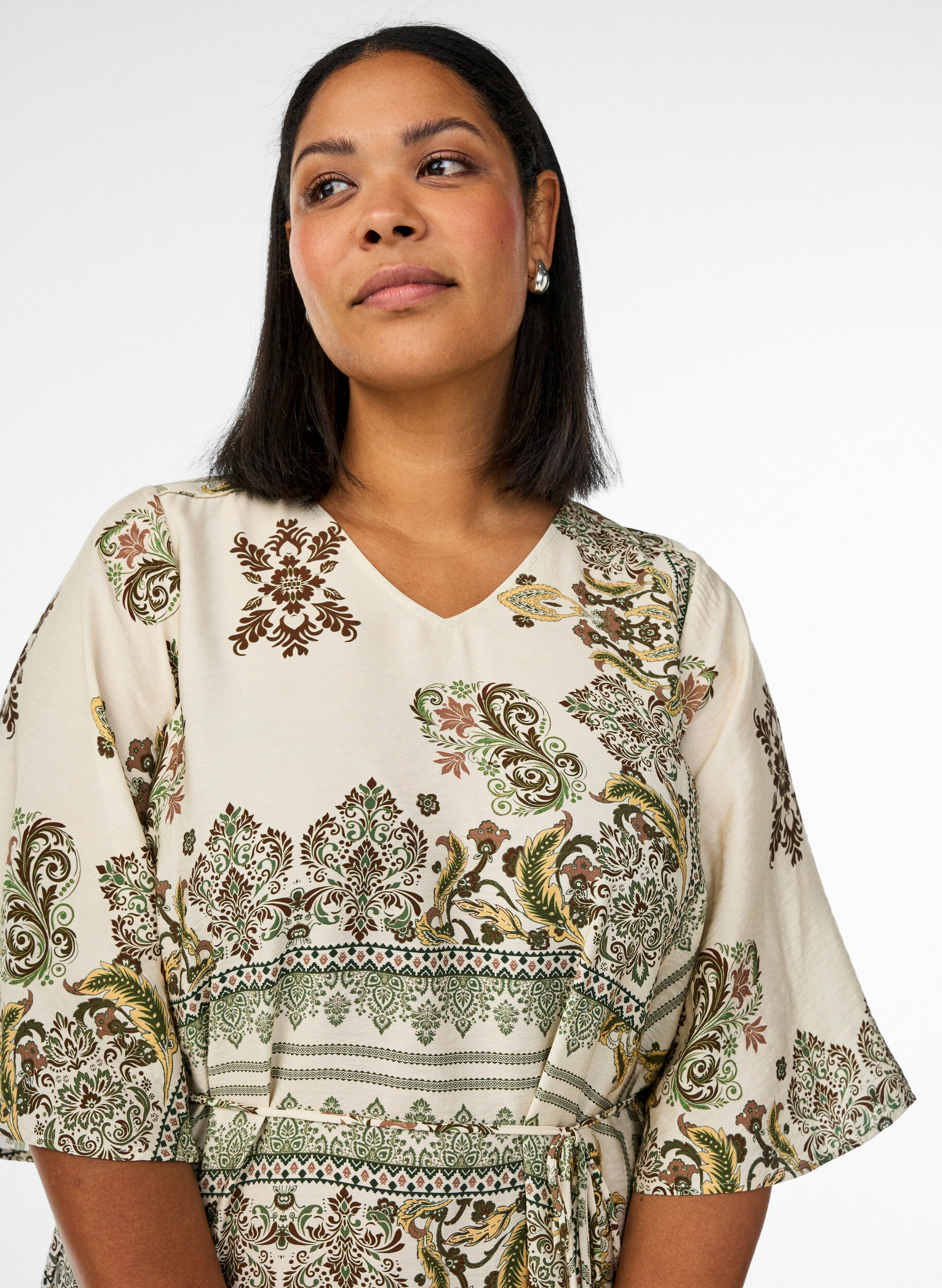 ZizziGemustertes Midikleid aus Viskose mit Bindeg&uuml;rtel, Gr&uuml;n, Model image number 2