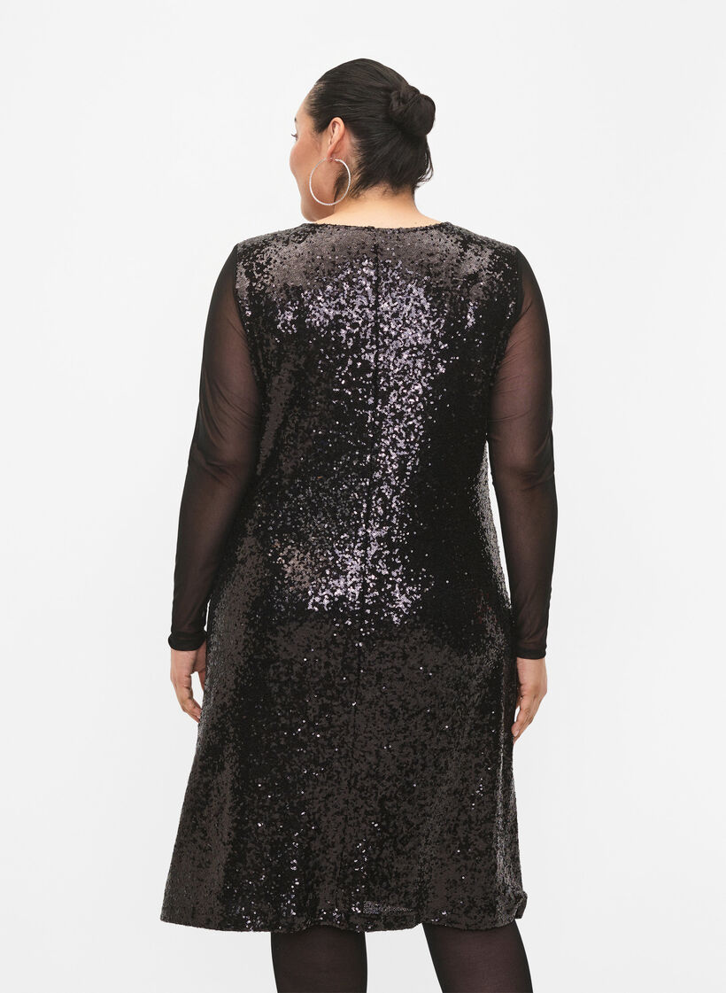 A-Linie-Paillettenkleid mit langen Ärmeln, Black, Model image number 1