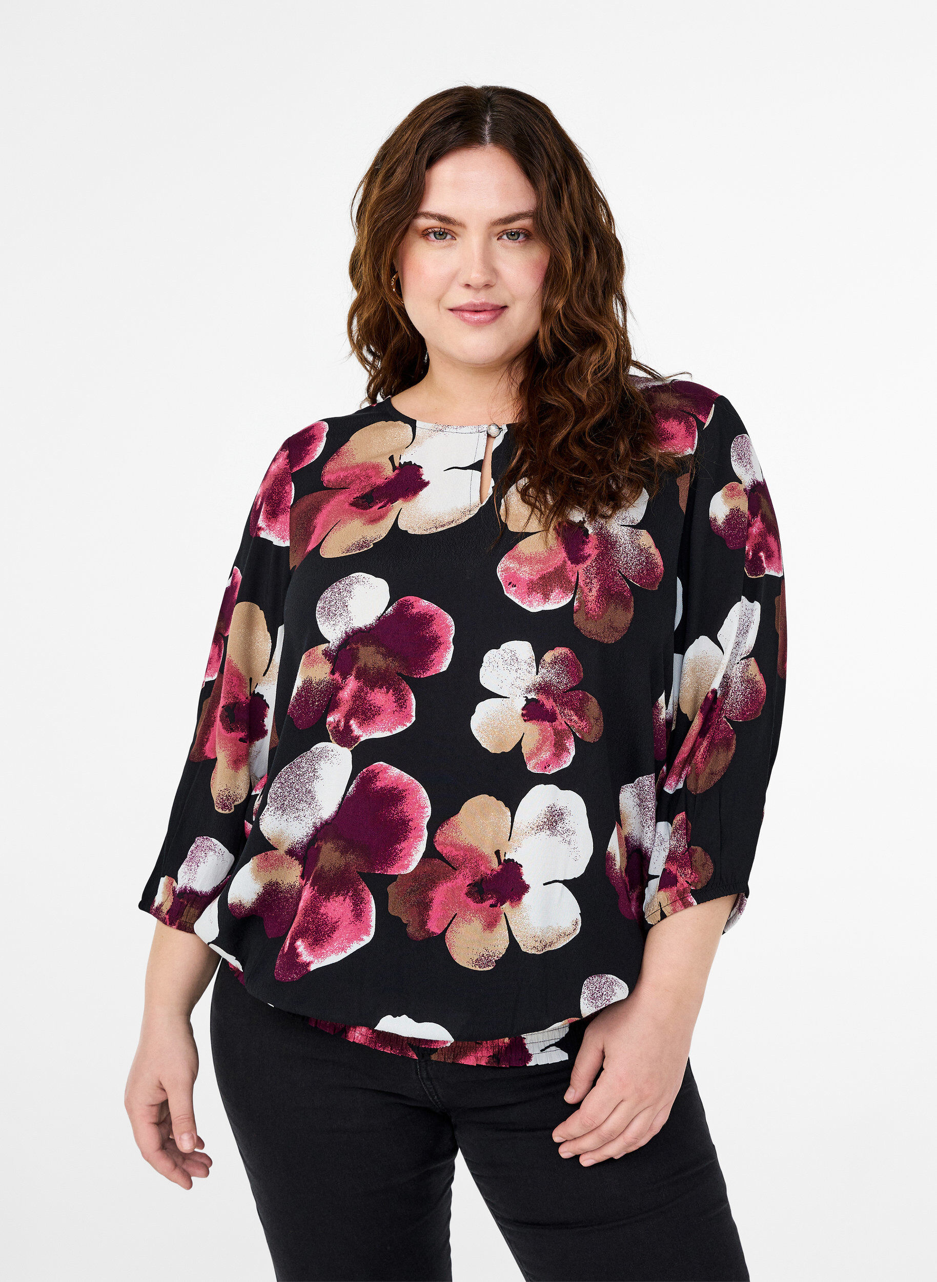 Zizzi Viskosebluse mit Print und Kittel, Schwarz, Model image number 0