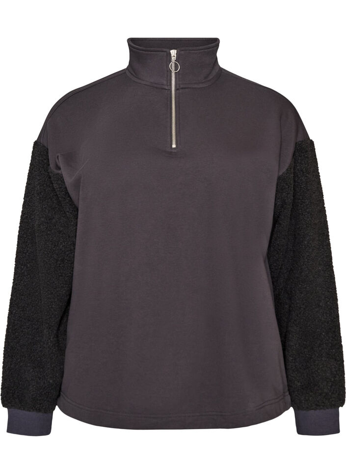 Sweatshirt mit Teddy-&Auml;rmeln und hohem Kragen, Grau, Packshot image number 0