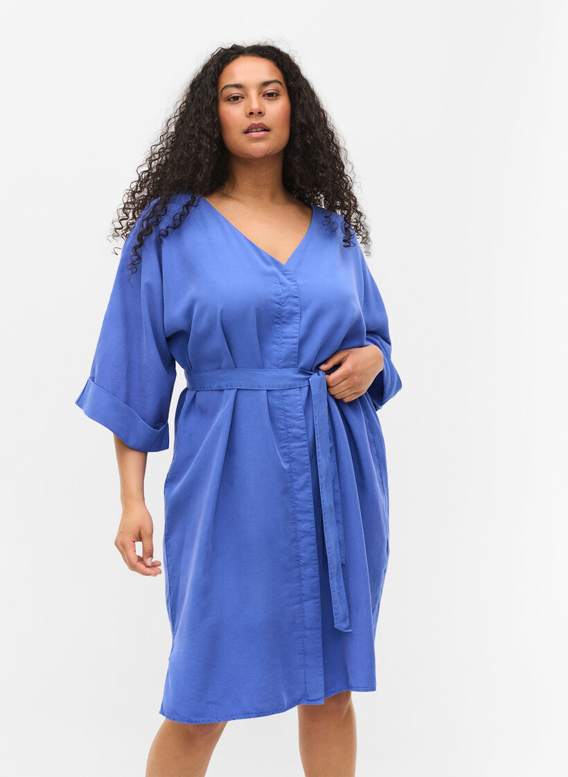 Kleid mit 3/4-&Auml;rmeln und Bindeband, Blau, Model image number 0