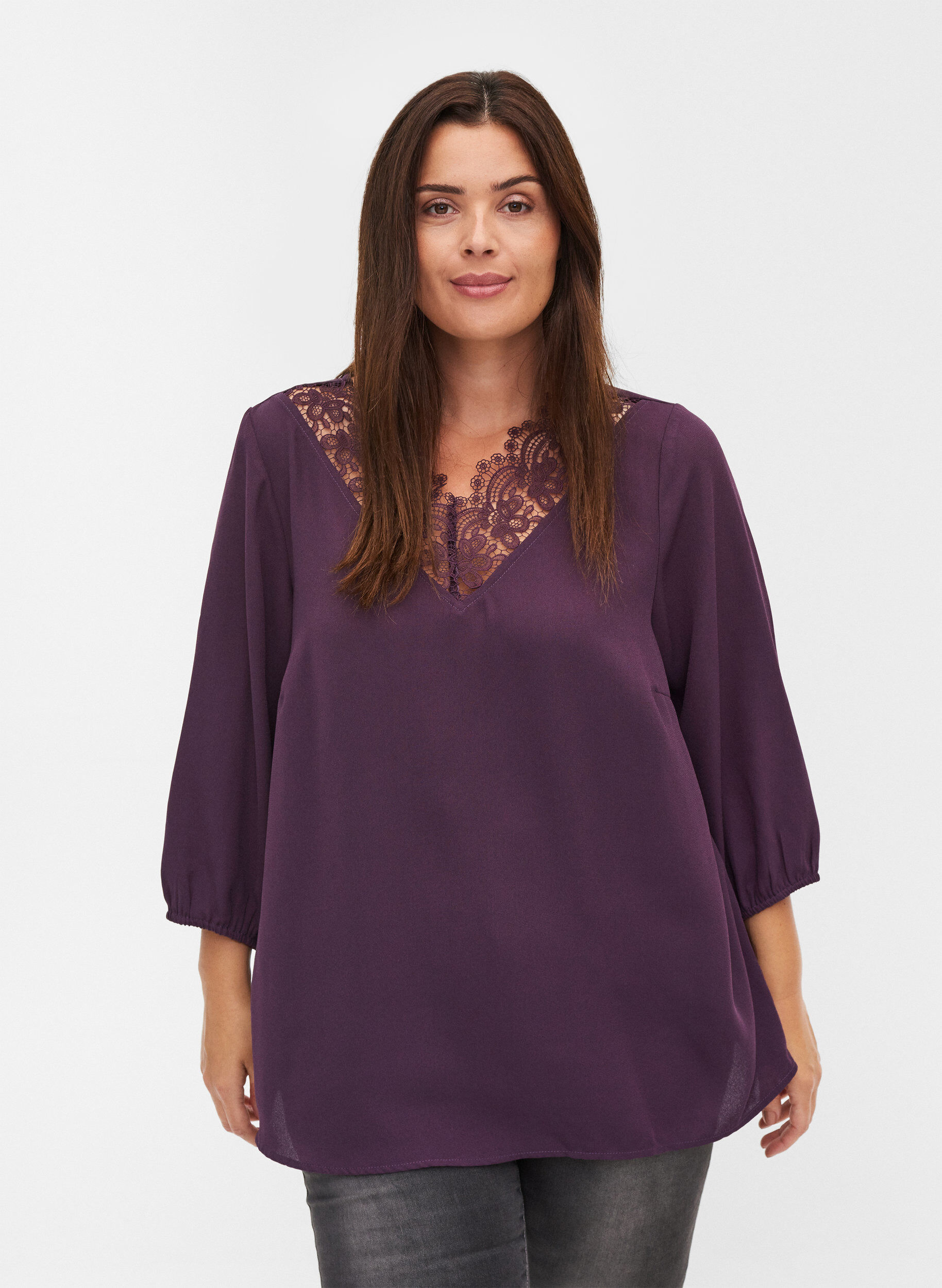 ZizziEinfarbige Bluse mit Spitze und 3/4-&Auml;rmeln, Plum Perfect, Model image number 0