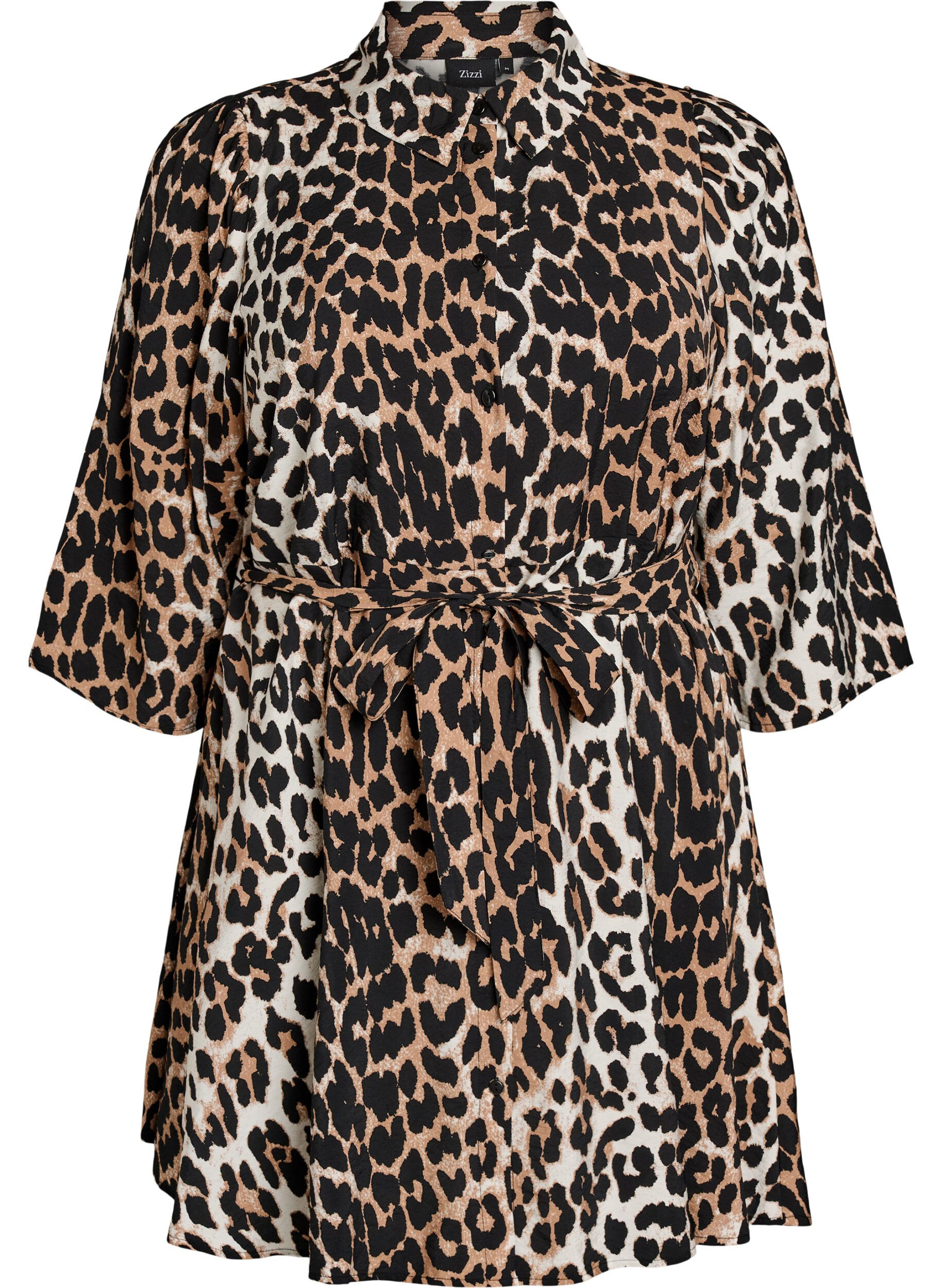 ZizziPatterned tunic with a tie-belt and 3/4 sleeves, Brown, Packshot image number 0