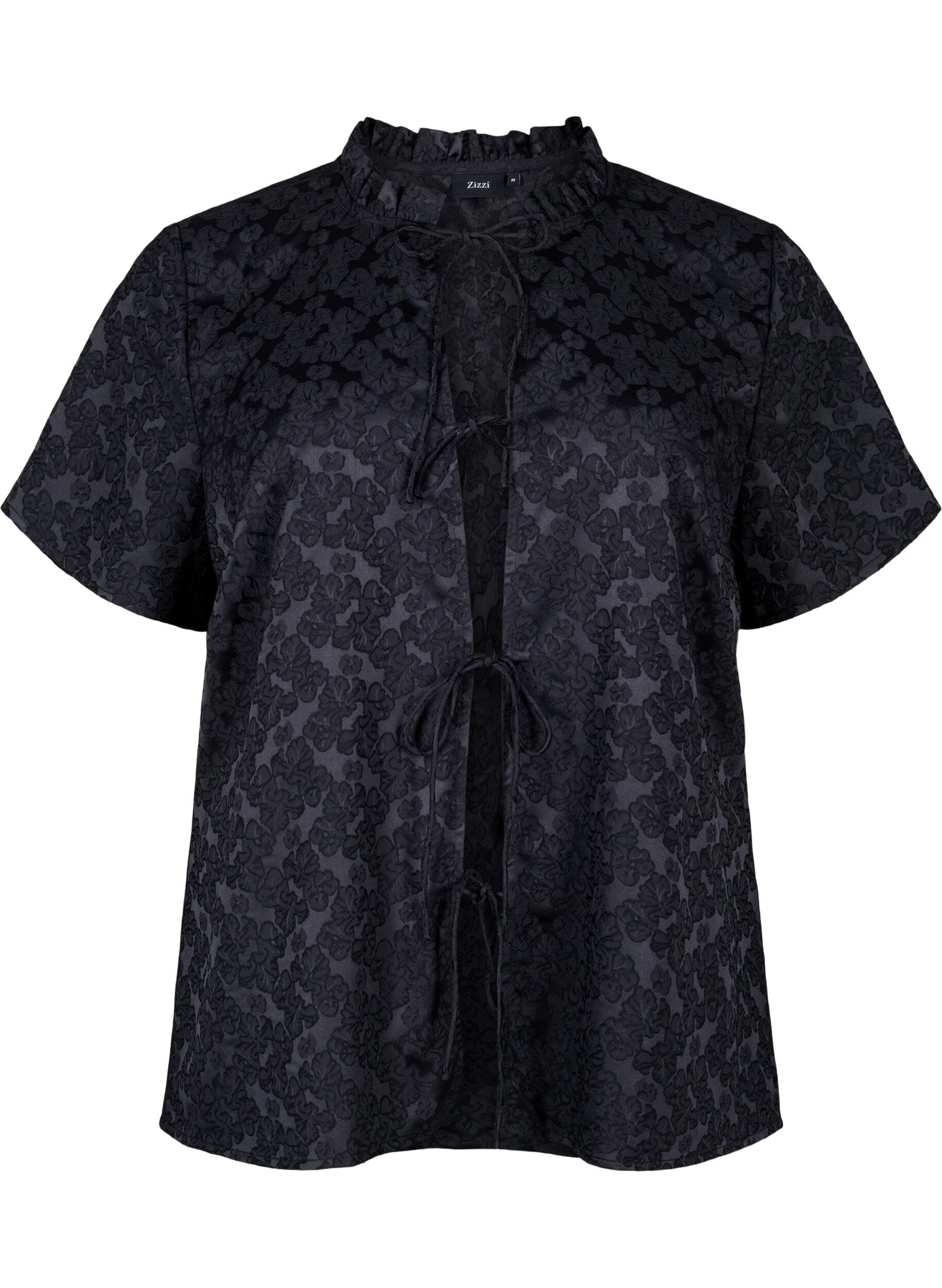 ZizziKurz&auml;rmelige Jacquard-Bluse mit Schleifen, Schwarz, Packshot image number 0
