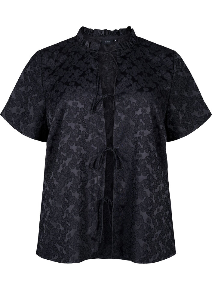 Kurzärmelige Jacquard-Bluse mit Schleifen, Schwarz, Packshot image number 0