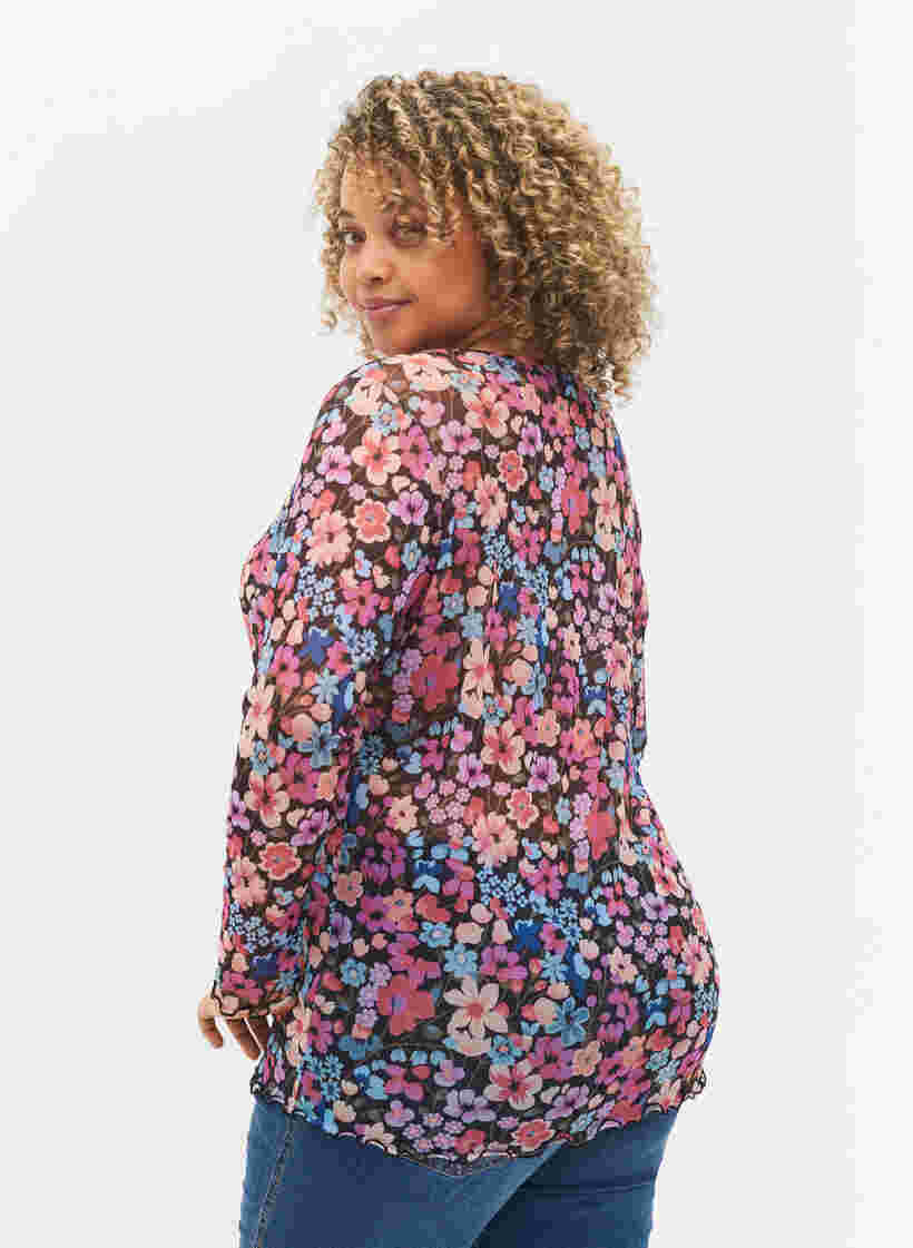 Enganliegende Mesh-Bluse mit Blumenmuster, Flower AOP, Model image number 1