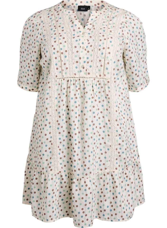 Kurzes Viskosekleid mit Spitzenbesatz und A-Linien-Schnitt, Weiß, Packshot image number 0