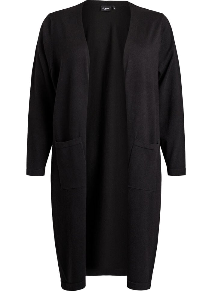 Lange, offene Strickjacke mit Taschen, Schwarz, Packshot image number 0