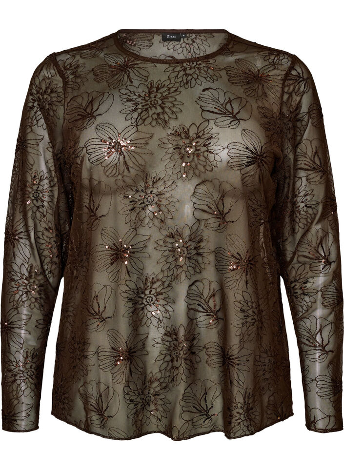 Bluse aus Mesh mit Blumen und Pailletten, Braun, Packshot image number 0