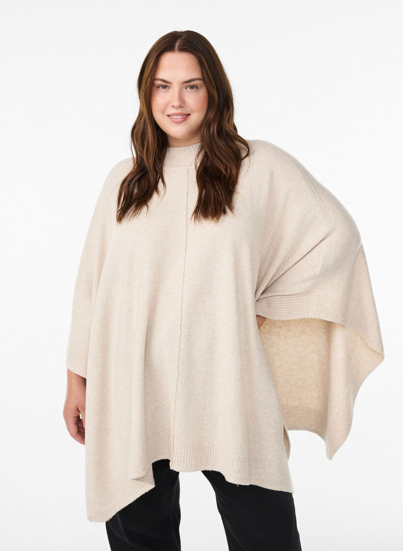 Poncho mit Rippdetails und Rundhalsausschnitt, Beige, Model image number 0