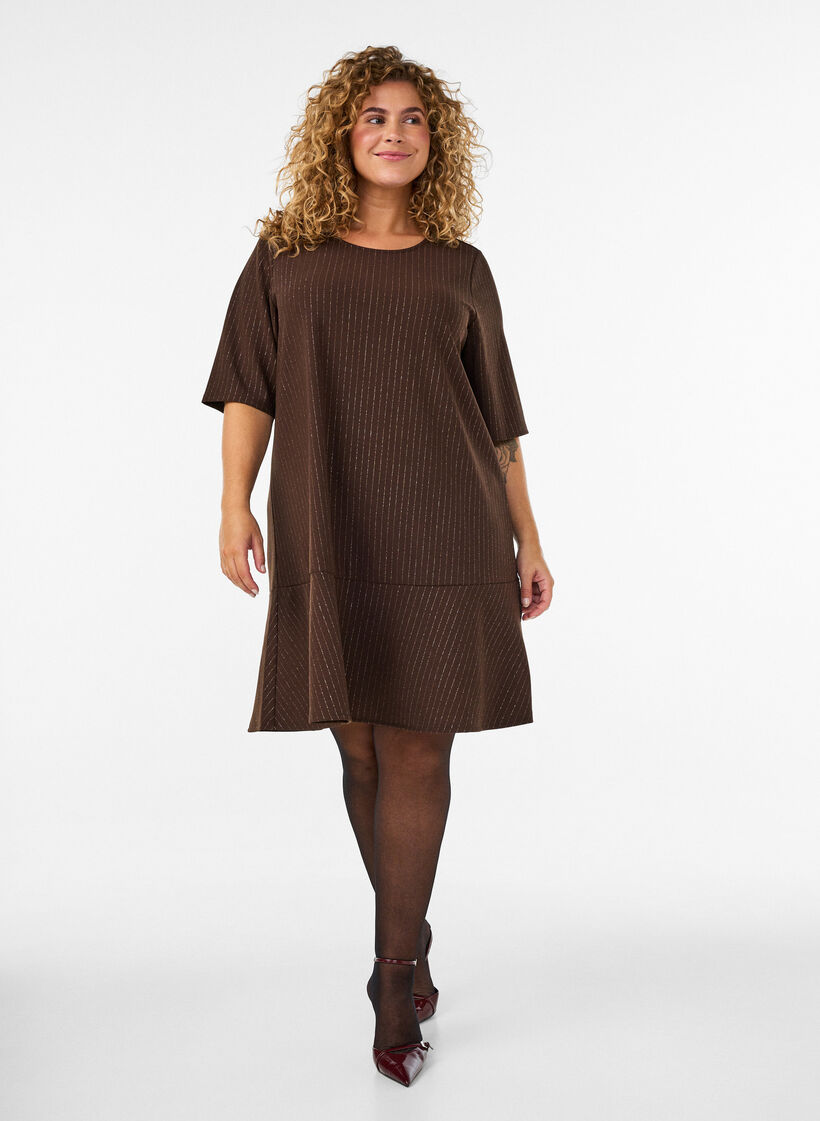 Kurzes A-Linien-Kleid mit Glitzerstreifen, Braun, Model image number 1
