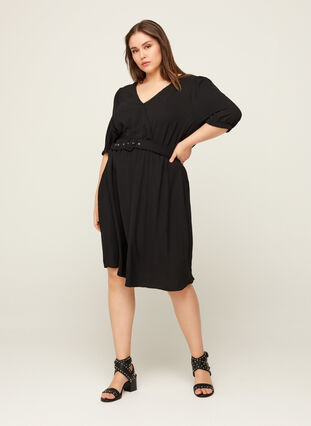 Kurzarm Kleid mit Gürtel, Black, Model image number 2