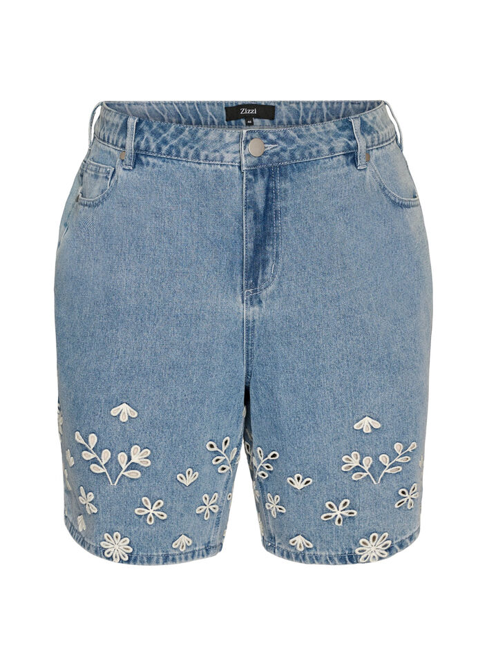 Jeansshorts mit Lochstickerei und hoher Taille, Blau, Packshot image number 0