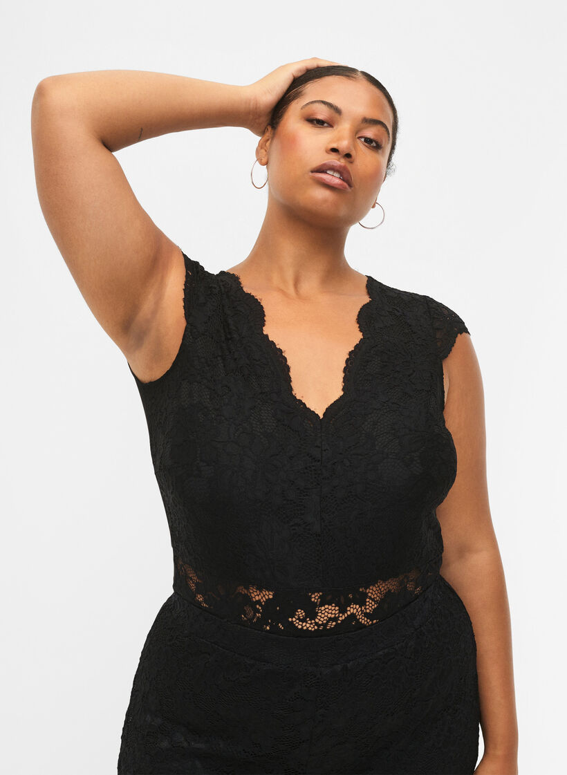 Bodystocking mit Spitze und V-Ausschnitt, Black, Model image number 0