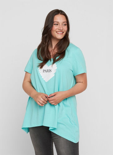 Kurzarm T-Shirt aus Baumwolle mit A-Linie, Aqua Sky PARIS, Model image number 0