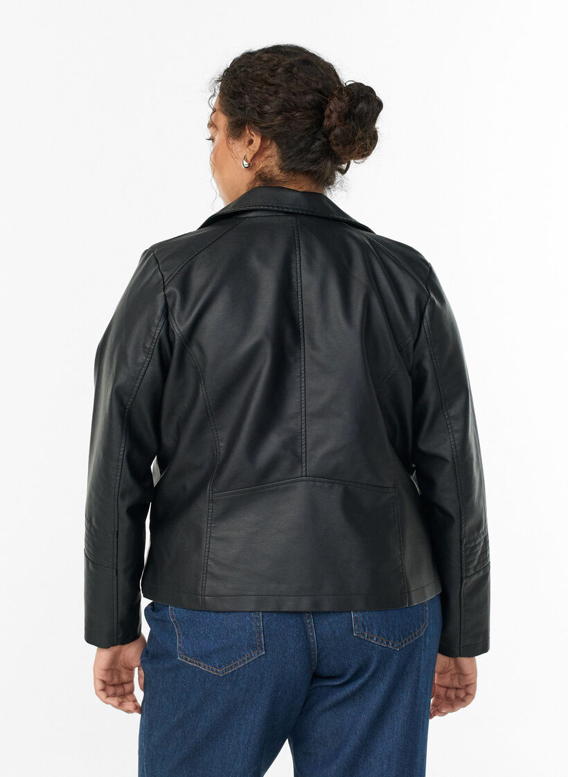 Imitierte Leder Biker Jacke, Schwarz, Model image number 2