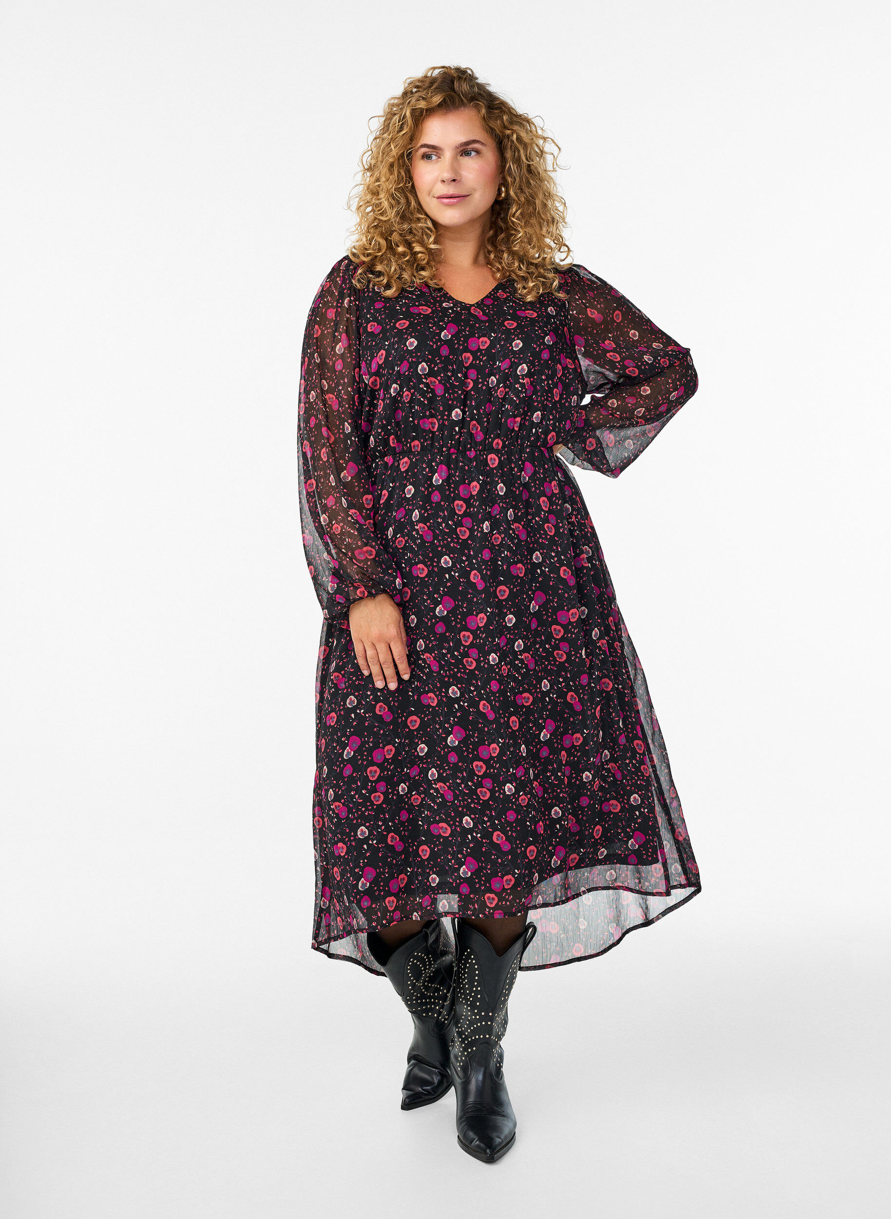 ZizziKleid aus Chiffon mit Blumenmuster und langen &Auml;rmeln, Schwarz, Model image number 0