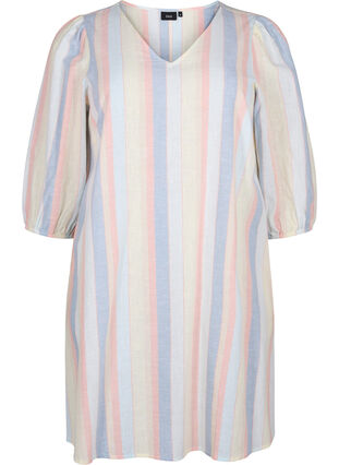 Kurzes Kleid aus Baumwollmischung mit Leinen, Multi Color Stripe, Packshot image number 0