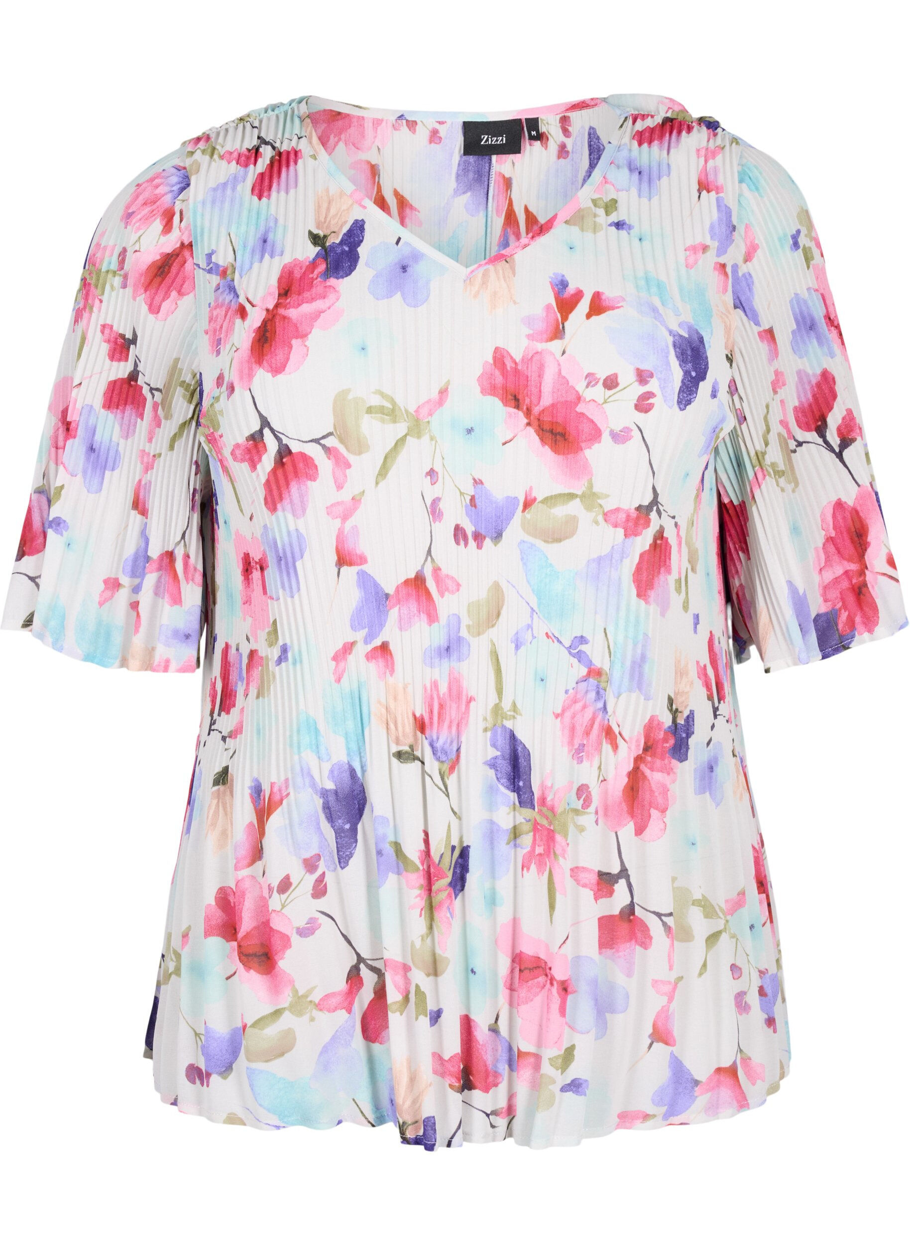 Zizzi Plisseebluse mit Blumenmuster, White/MultiFlowerAOP, Packshot image number 0