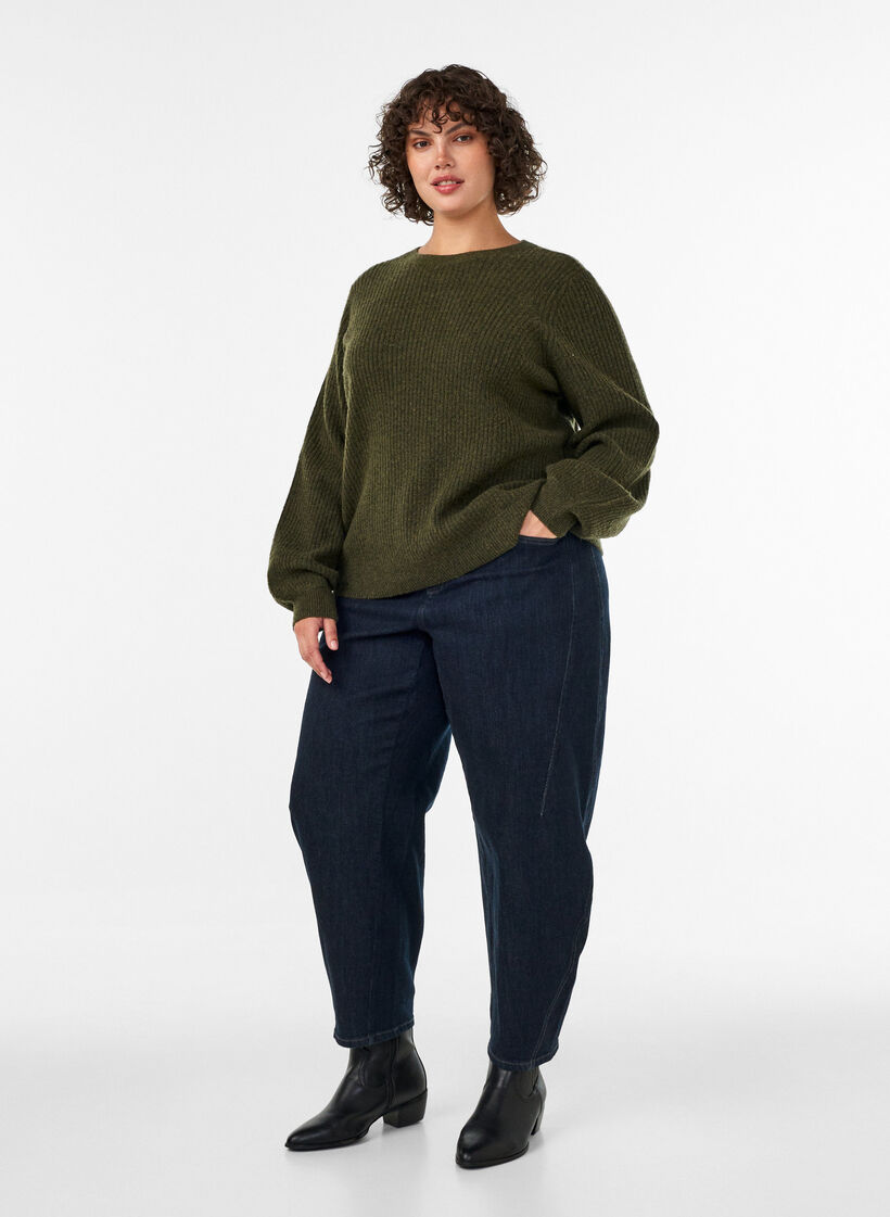 Gerippter Pullover mit Ballon&auml;rmeln, Gr&uuml;n, Model image number 1