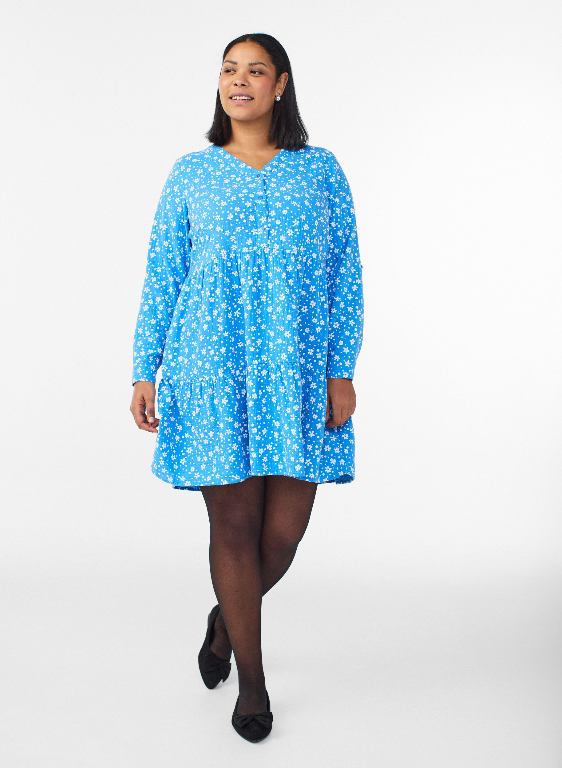 ZizziKurzes Kleid aus gemustertem Baumwoll-Musselin, Blau, Model image number 1