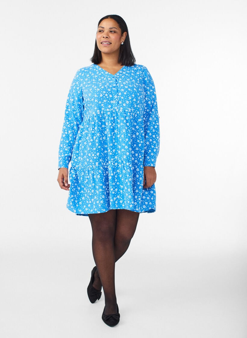 Kurzes Kleid aus gemustertem Baumwoll-Musselin, Blau, Model image number 1