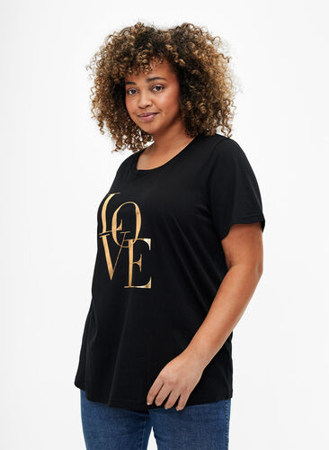 T-Shirt aus Baumwolle mit goldener Aufschrift, Black w. Gold Love, Model image number 0