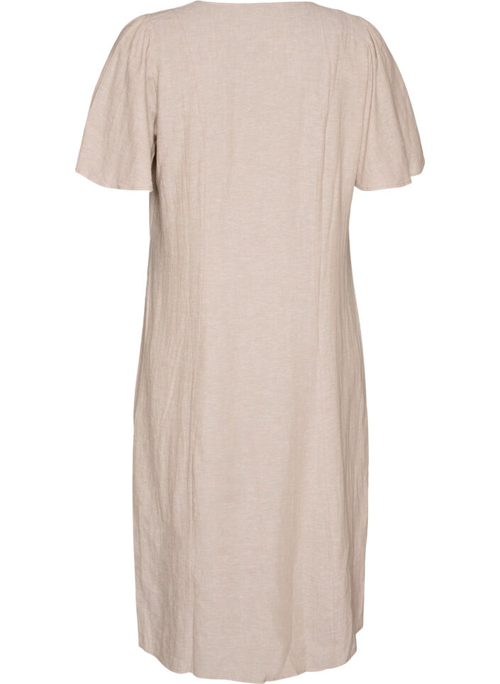 Midikleid aus Leinen und Viskose mit R&uuml;schen&auml;rmeln, Beige, Packshot image number 1
