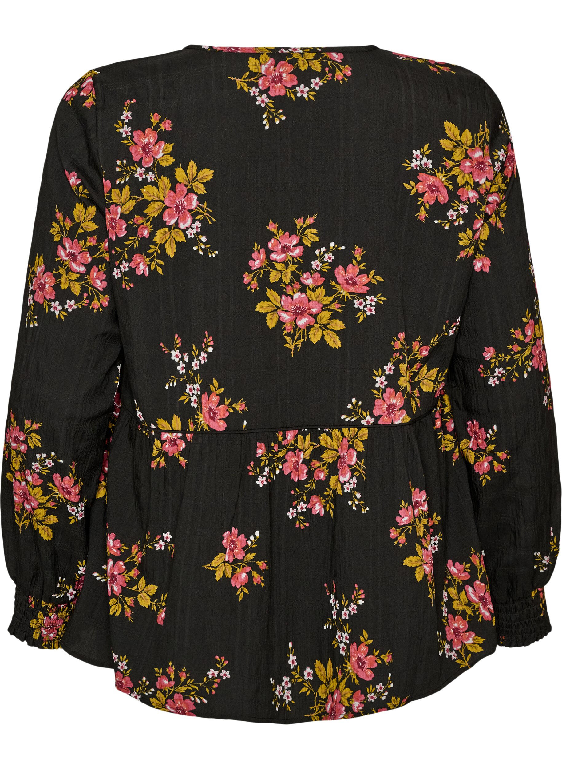 ZizziLang&auml;rmelige Bluse mit gebl&uuml;mtem Muster, Schwarz, Packshot image number 1