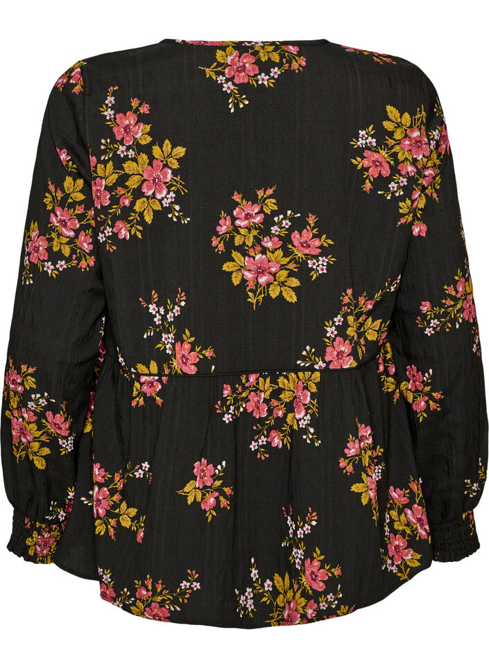 Lang&auml;rmelige Bluse mit gebl&uuml;mtem Muster, Schwarz, Packshot image number 1
