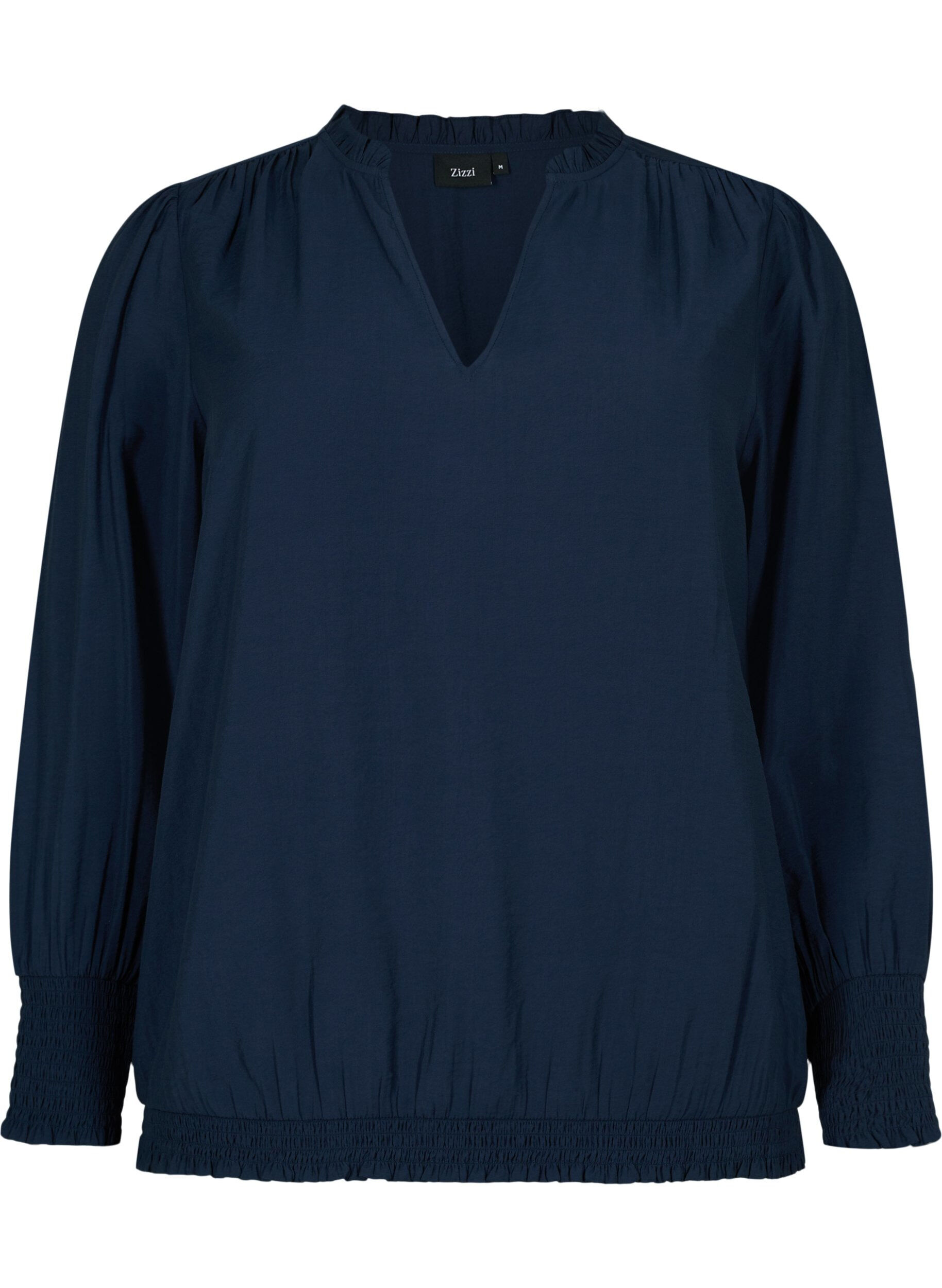 ZizziViskosebluse mit langen &Auml;rmeln und Smock, Navy Blazer, Packshot image number 0