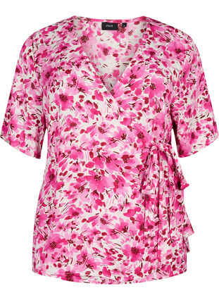Geblümte Bluse aus Viskose mit Wickel-Optik, Pink Flower Rain, Packshot image number 0