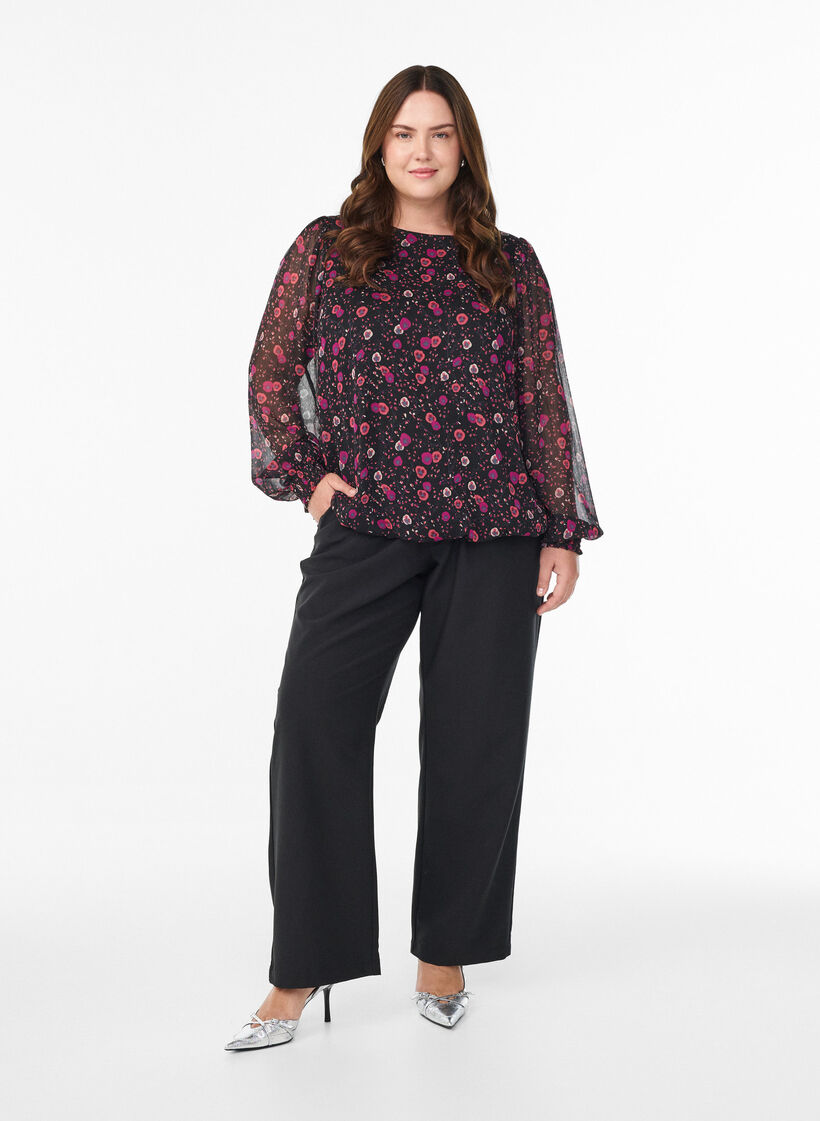 Gebl&uuml;mte Bluse aus Chiffon mit transparenten &Auml;rmeln, Schwarz, Model image number 1