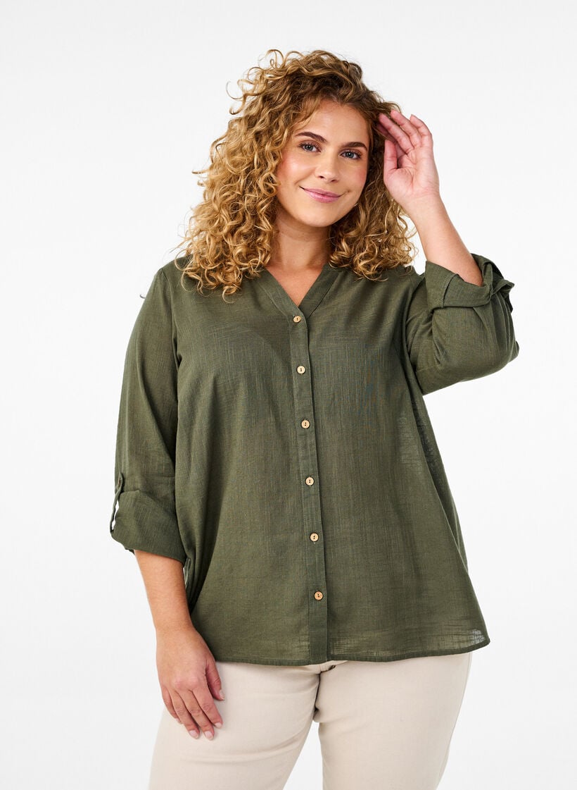 Baumwollbluse mit V-Ausschnitt, Gr&uuml;n, Model image number 0
