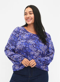FLASH - Langärmelige Bluse gesmokt und bedruckt, Dazzling Blue AOP, Model