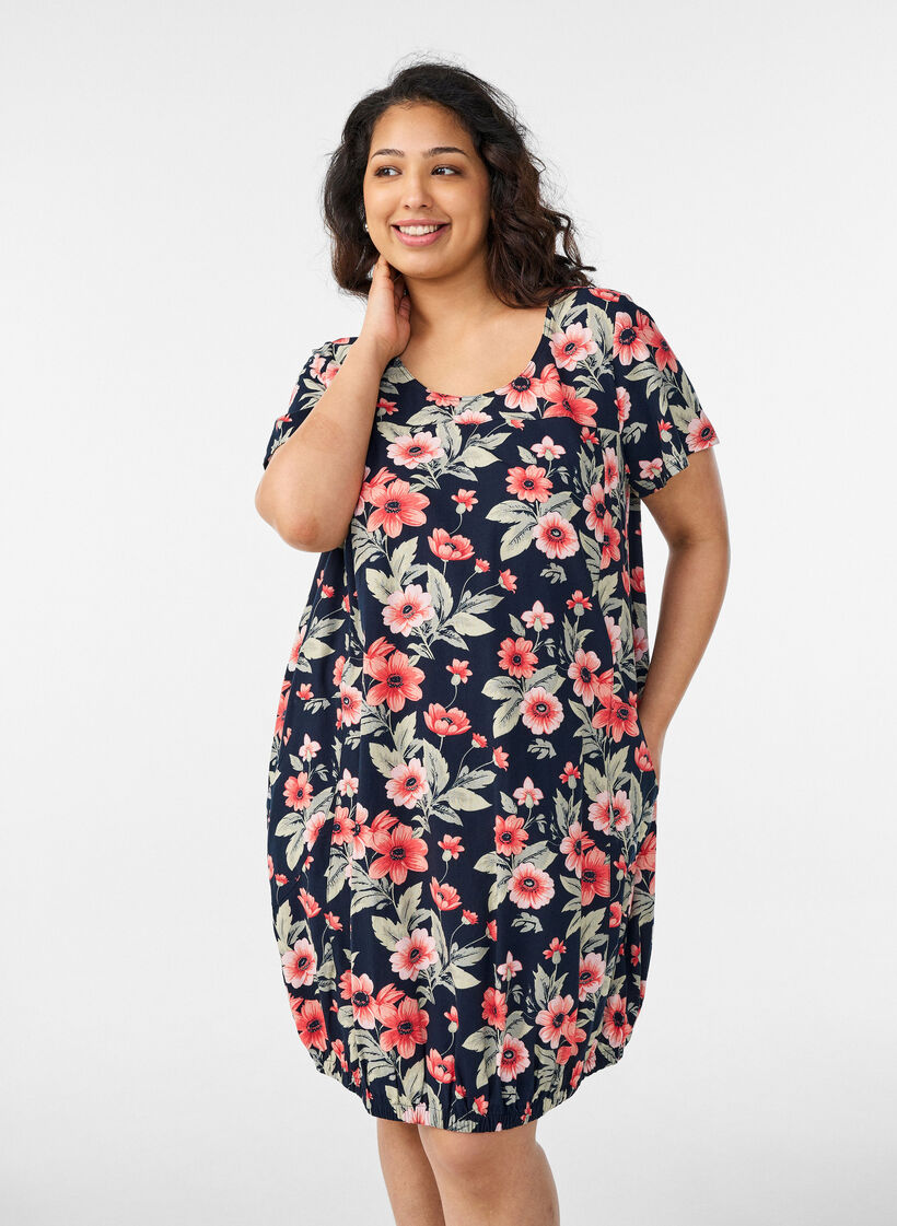 Kurz&auml;rmliges Baumwollkleid mit Print, Blau, Model image number 0