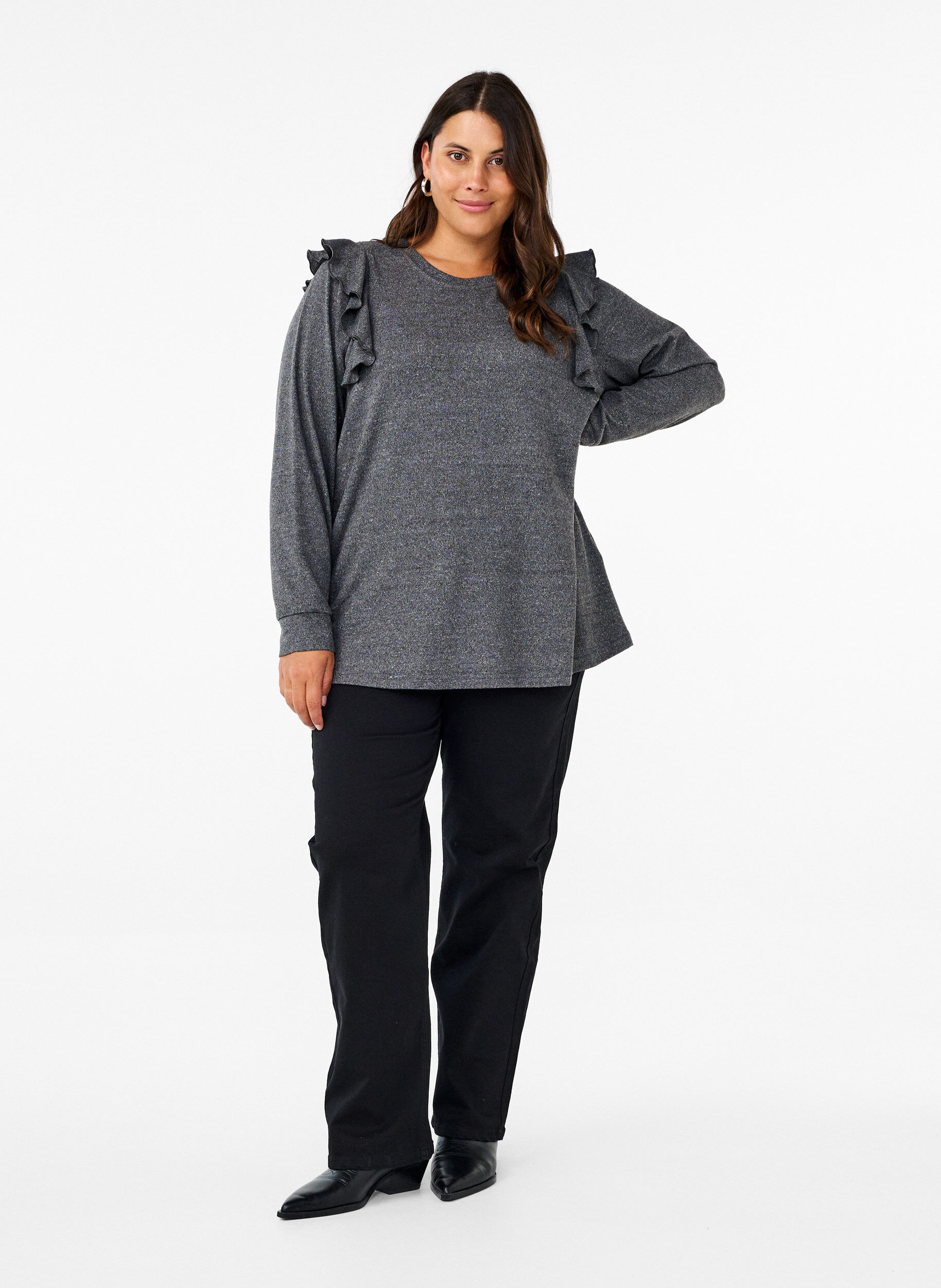 Zizzi Lang&auml;rmelige Bluse mit R&uuml;schendetails, Dark Grey Melange, Model image number 2