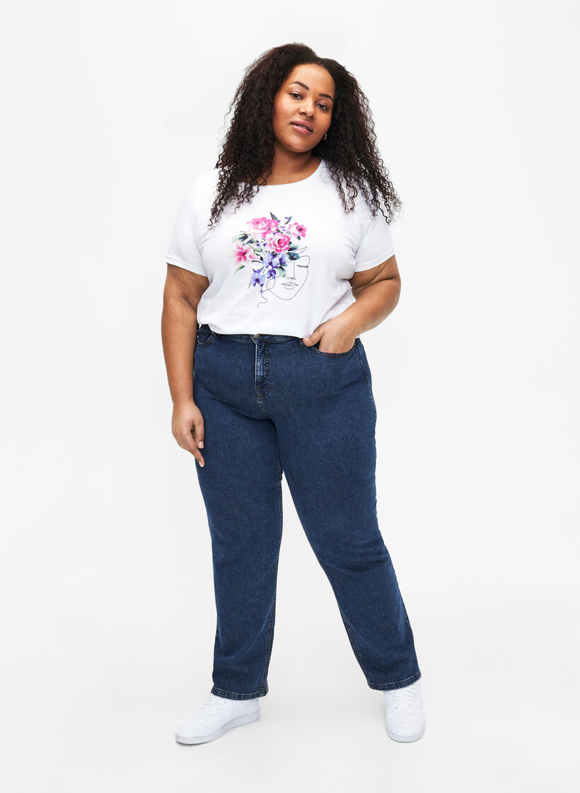 Baumwoll-T-Shirt mit Blumen- und Porträt-Motiv, B. White Face Flower, Model image number 2