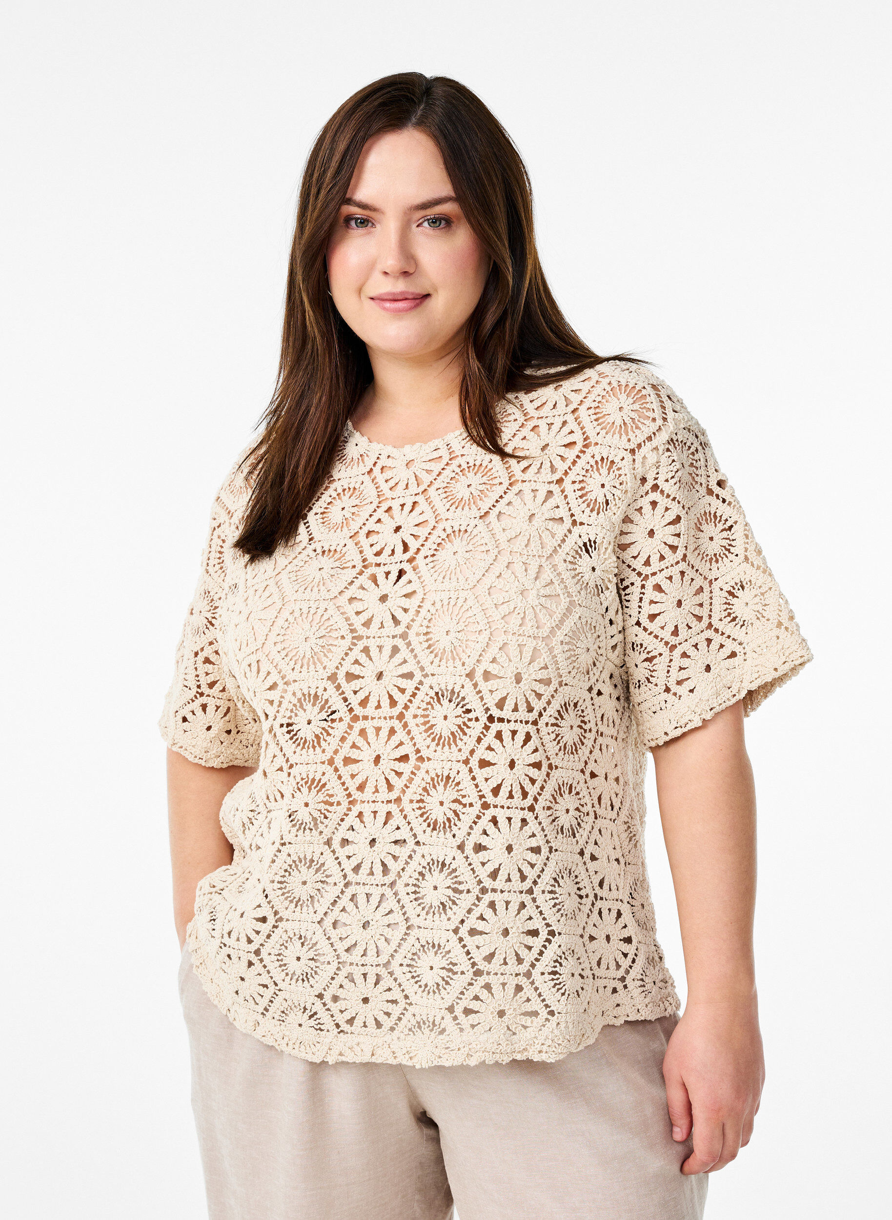 ZizziH&auml;kelbluse mit kurzen &Auml;rmeln, Beige, Model image number 0