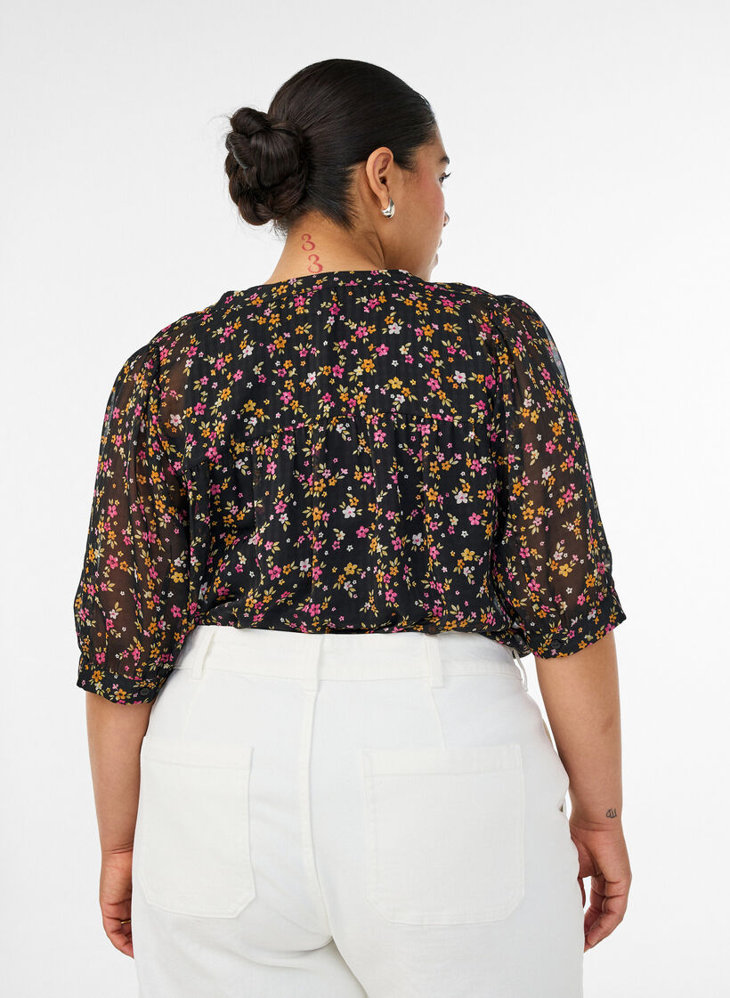 Gebl&uuml;mte Bluse mit V-Ausschnitt, Schwarz, Model image number 2