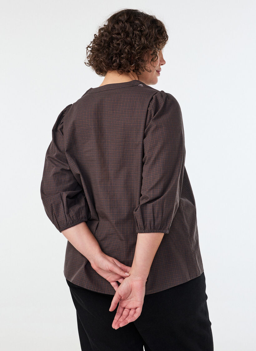Karierte Bluse mit V-Ausschnitt und 3/4-&Auml;rmeln, Braun, Model image number 2