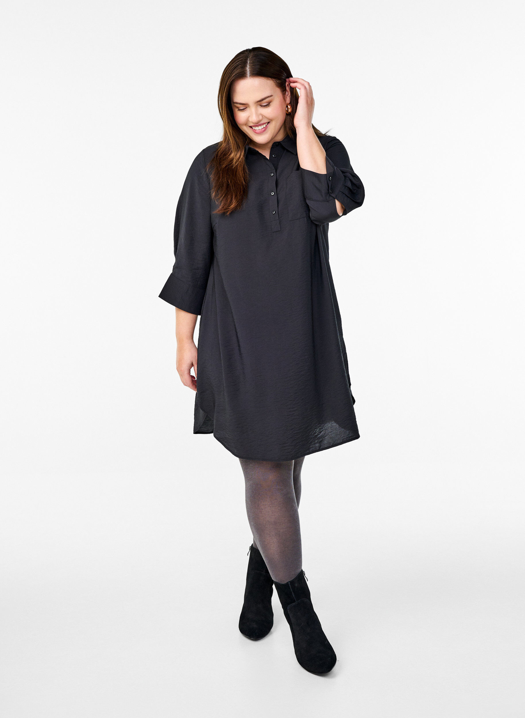 ZizziKleid mit Kragen und Brusttasche, Schwarz, Model image number 1