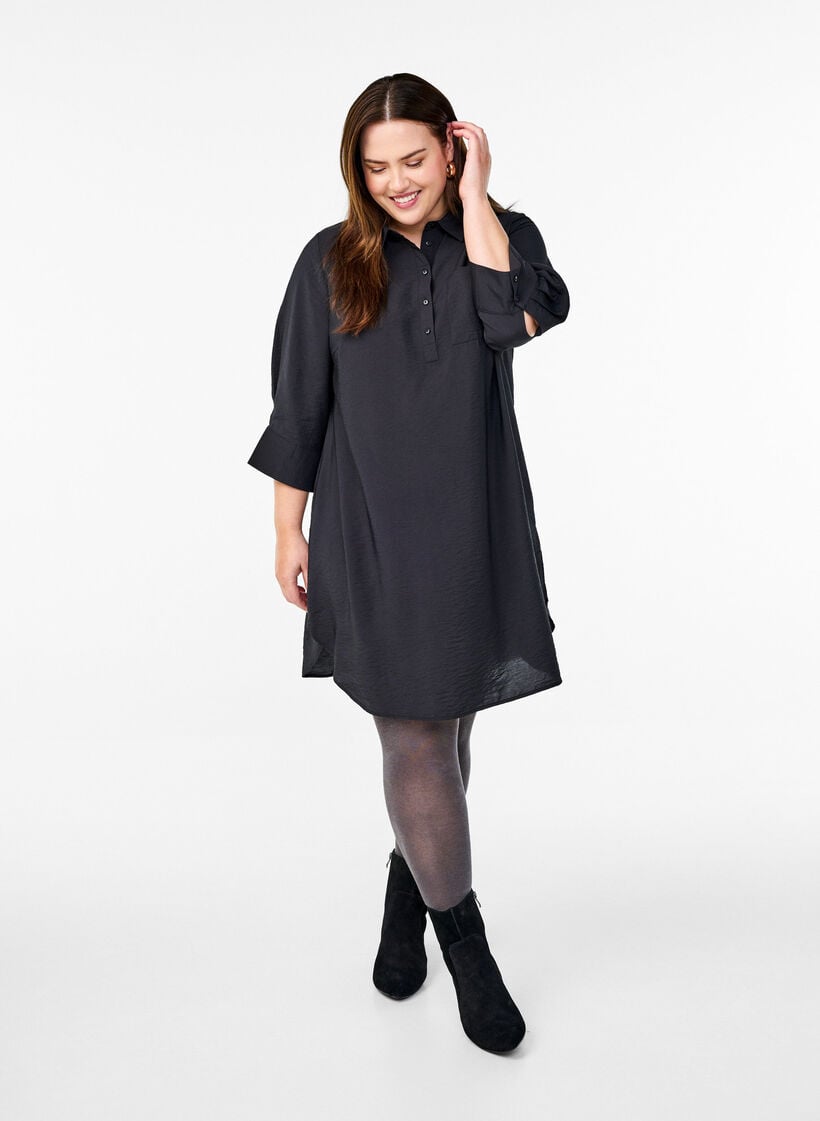 Kleid mit Kragen und Brusttasche, Schwarz, Model image number 1