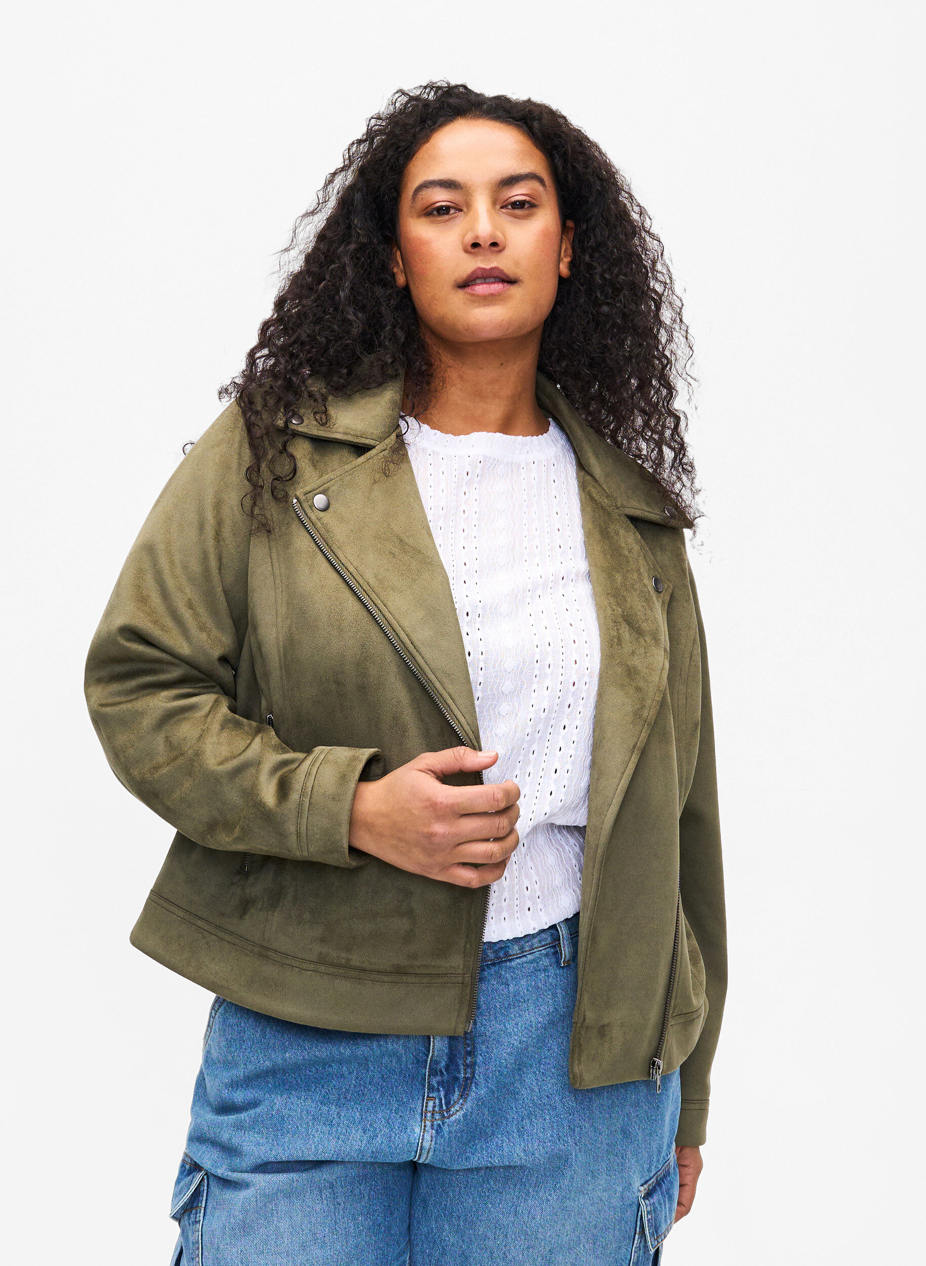 ZizziBikerjacke aus Wildlederimitat, Dusty Olive, Model image number 0