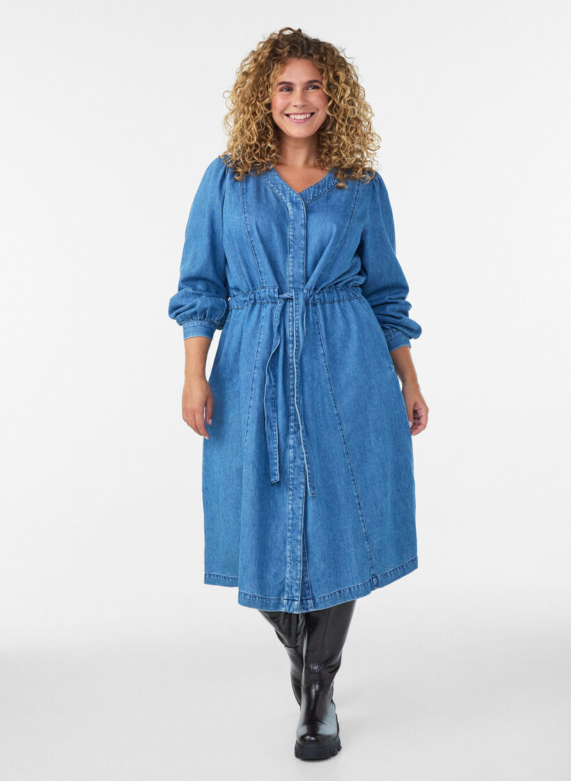 Jeanskleid mit V-Ausschnitt und Bindeg&uuml;rtel, Blau, Model image number 1
