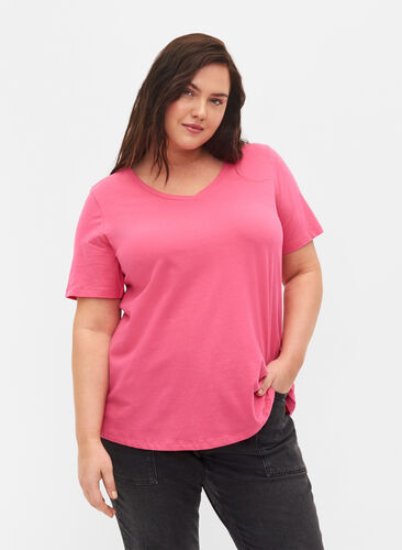 Einfarbiges basic T-Shirt aus Baumwolle, Hot Pink, Model image number 0