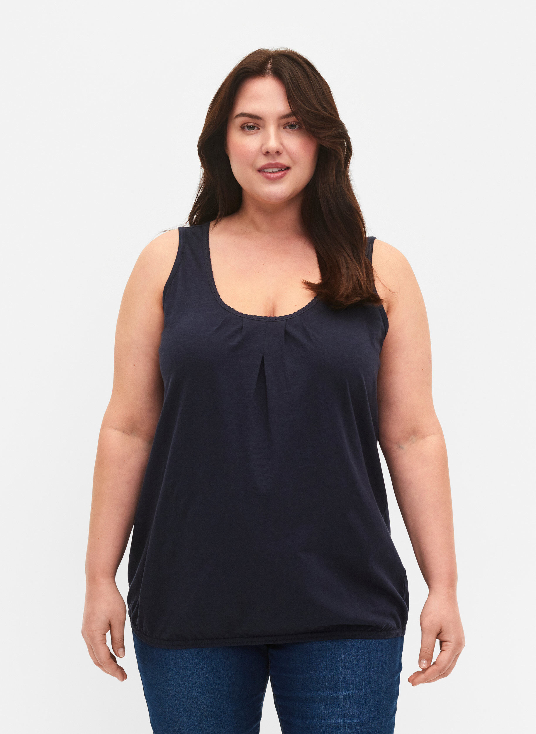 ZizziTop aus Baumwolle mit Spitzenbesatz, Navy Blazer, Model image number 0