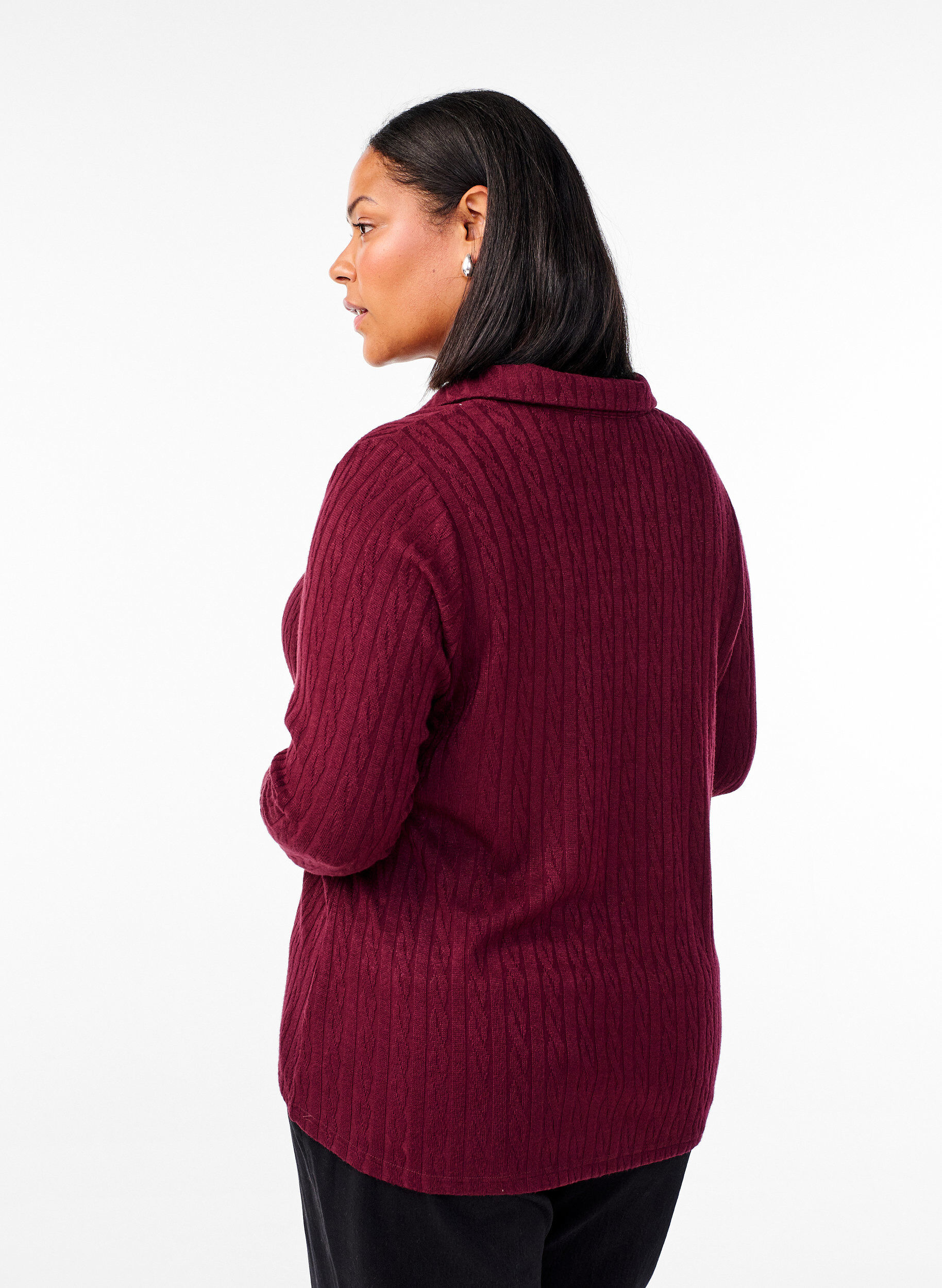ZizziStrickbluse mit Kragen und Zopfmuster, Dunkles Bordeaux, Model image number 2